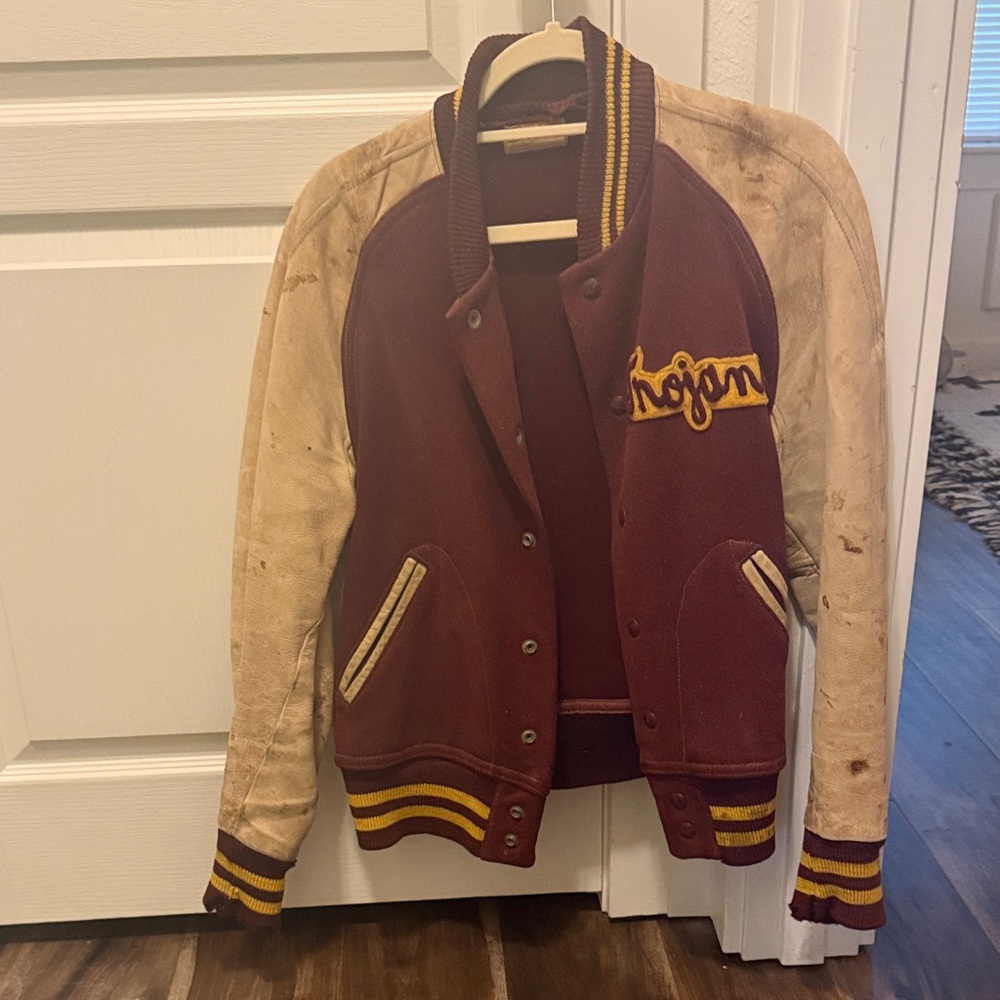 Vintage Maroon & Cream Letterman Jacket with Yellow Patch